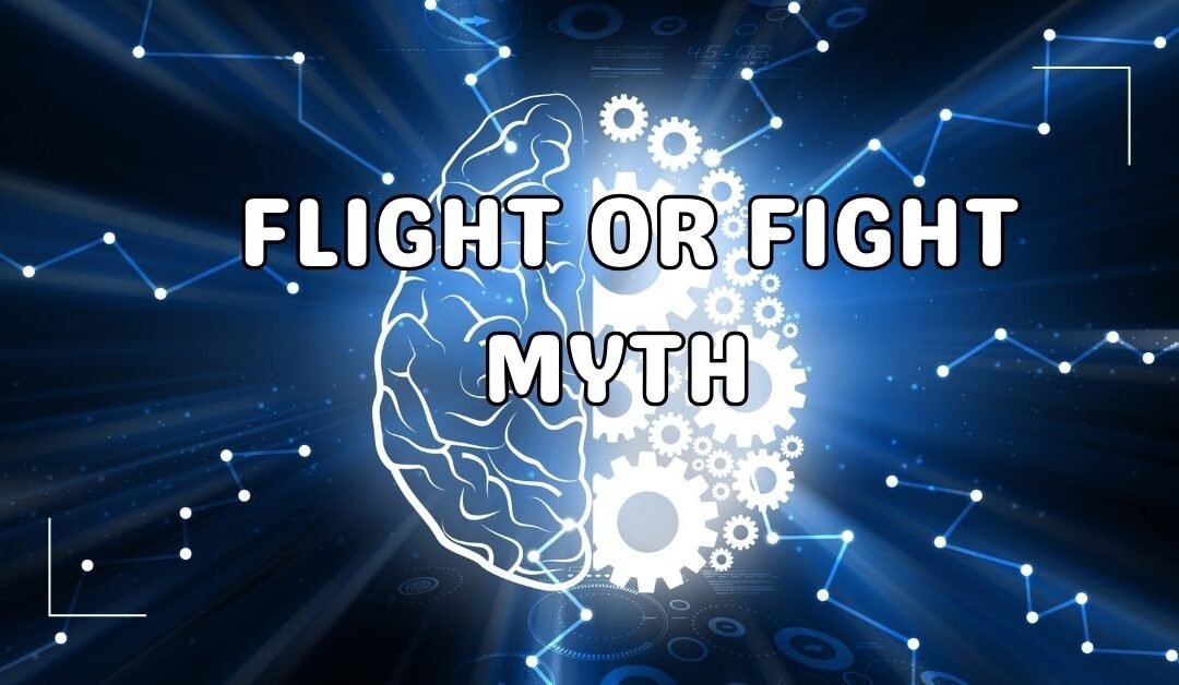 Fight-or-flight myth illustration showing brain and gears, representing neuroscience of prediction and stress.